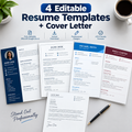 Resume and CV Templates: 4 Editable Word Designs plus Cover Letter