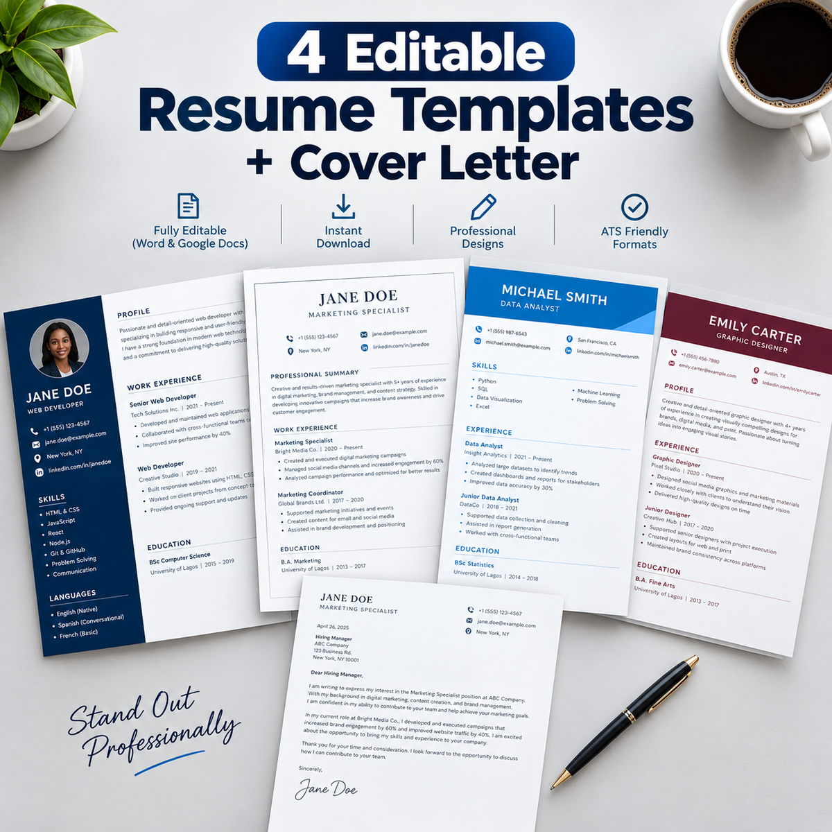 Resume and CV Templates: 4 Editable Word Designs plus Cover Letter